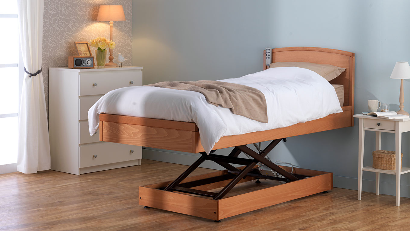 A bed in the raised position